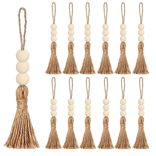 40 Sets Jute Tassels with 3 Wood Beads Natural Jute Rope Burlap Tassels for Christmas Tree DIY Craft Wood V1192-AZ-W-3425