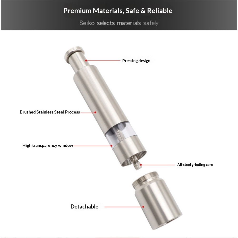 Stainless-Steel One-Handed Thumb Push Button Salt and Pepper Grinder For Black Pepper(Stainless steel spring V1192-AZ-W-3456