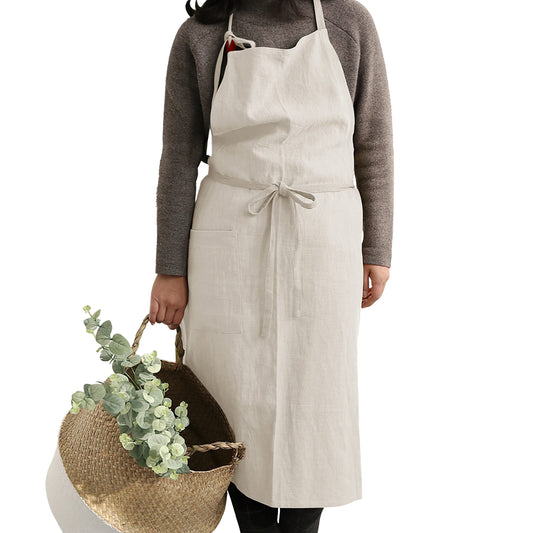 Kitchen Apron for Women & Men Linen Cooking Aprons with pocket Cotton Long Apron X Back Kitchen Garden V1192-AZ-W-3512