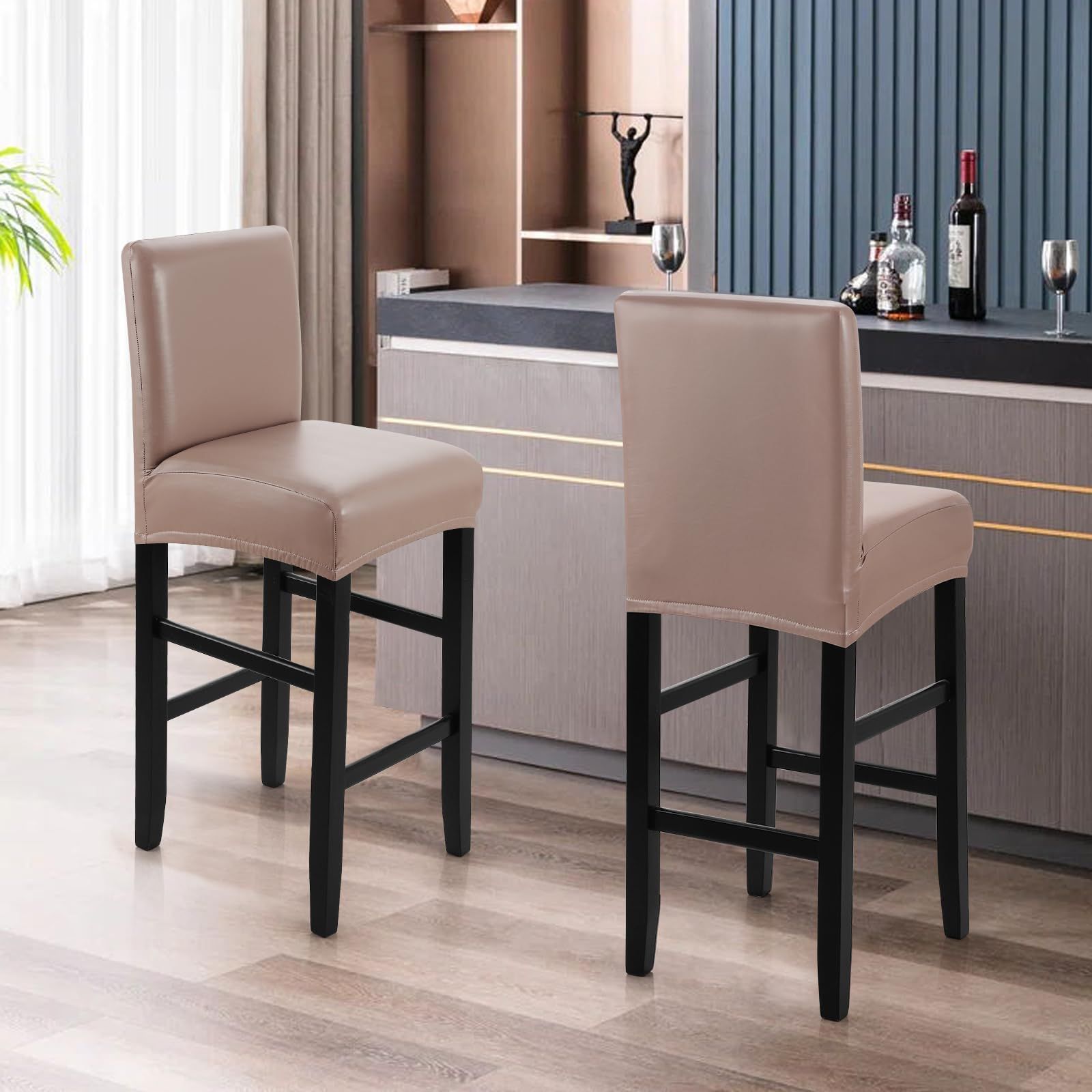 Bar Stool Covers,2 Pack Stretch Waterproof PU Bar Stool Covers with Backs Bar Stool Chair Covers Barstool V1192-AZ-W-3515