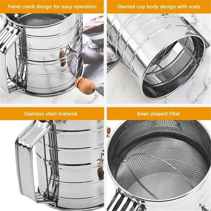 Flour Sifter for Baking Fine Mesh Rotary Hand Crank with Loop Agitator for Quick Sifting, Flour Sifter V1192-AZ-W-3536