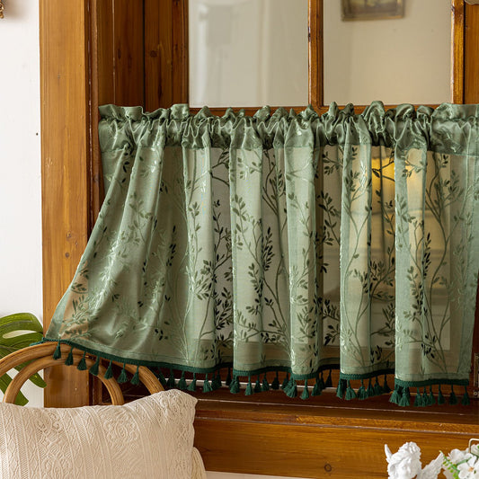 Bohemian short curtains with tassels, Bohemian linen translucent retro countryside Christmas curtains, (dark V1192-AZ-W-3548