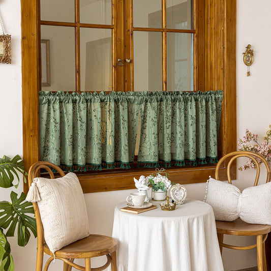 Bohemian short curtains with tassels, Bohemian linen translucent retro countryside Christmas curtains, (dark V1192-AZ-W-3548