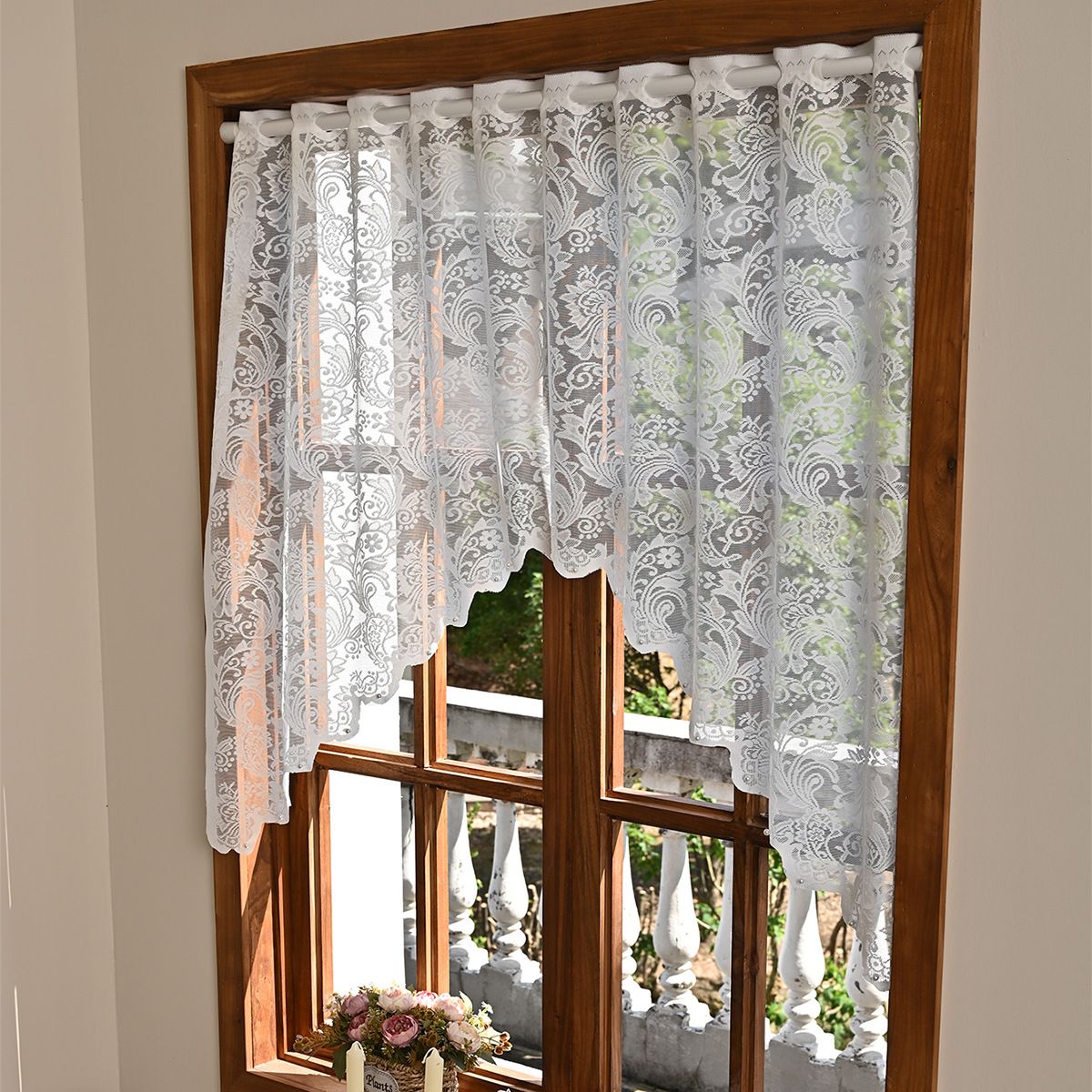 White Lace Sheer Kitchen Valance Curtains for Windows, 160*100cm, Phoenix Tail Flower Pearl Half Curtain V1192-AZ-W-3555