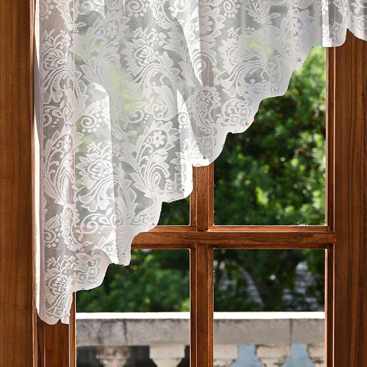 White Lace Sheer Kitchen Valance Curtains for Windows, 160*100cm, Phoenix Tail Flower Pearl Half Curtain V1192-AZ-W-3555