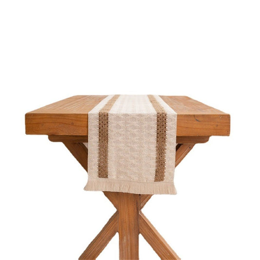 Boho Table Runner, Farmhouse Style Cotton Linen Rustic Woven Table Runner with Tassels for Dining, Wedding, V1192-AZ-W-3564