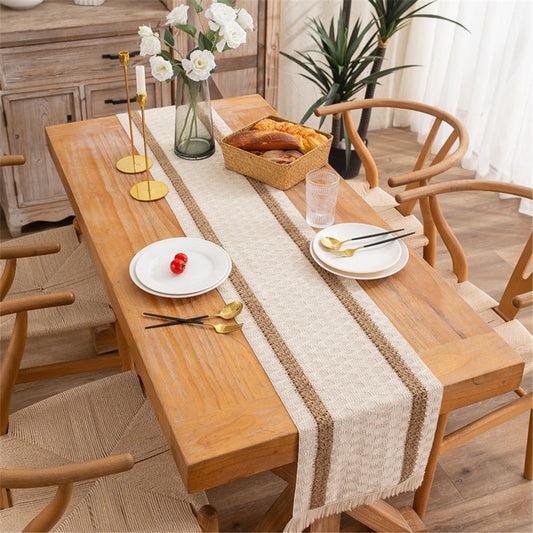 Boho Table Runner, Farmhouse Style Cotton Linen Rustic Woven Table Runner with Tassels for Dining, Wedding, V1192-AZ-W-3564