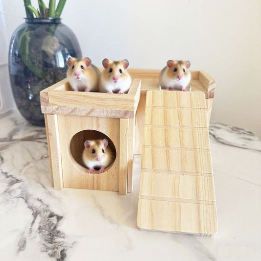 Wooden Hamster Hideout Hamster Wood House with Ladder Hides Platform Decor Detachable Small Animals Cage V1192-AZ-W-3575