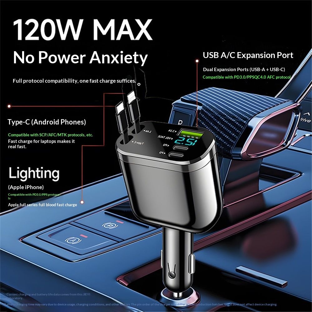 Retractable Car Charger,Car Phone Charger with Cables Fast Charging, USB C Car Charger Adapter , Black V1192-AZ-W-3587