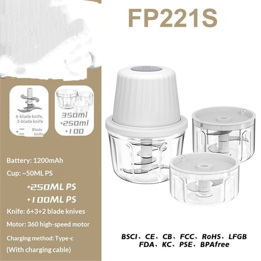 Mini Food Processor Cordless Set with Multiple 3*(350ml+250ml+100ml) Bowls& 6+3+2 Blades, Small Garlic V1192-AZ-W-3589