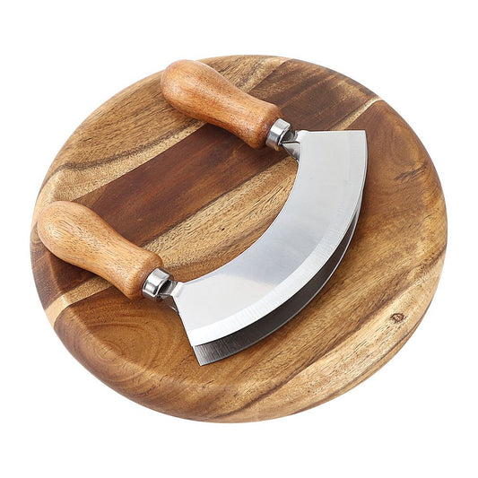 Cutting Board & Knife - Wooden Chopping Board & 2-Bladed Curved Herb Cutter - Round Wood Board & Double Blade V1192-AZ-W-3596