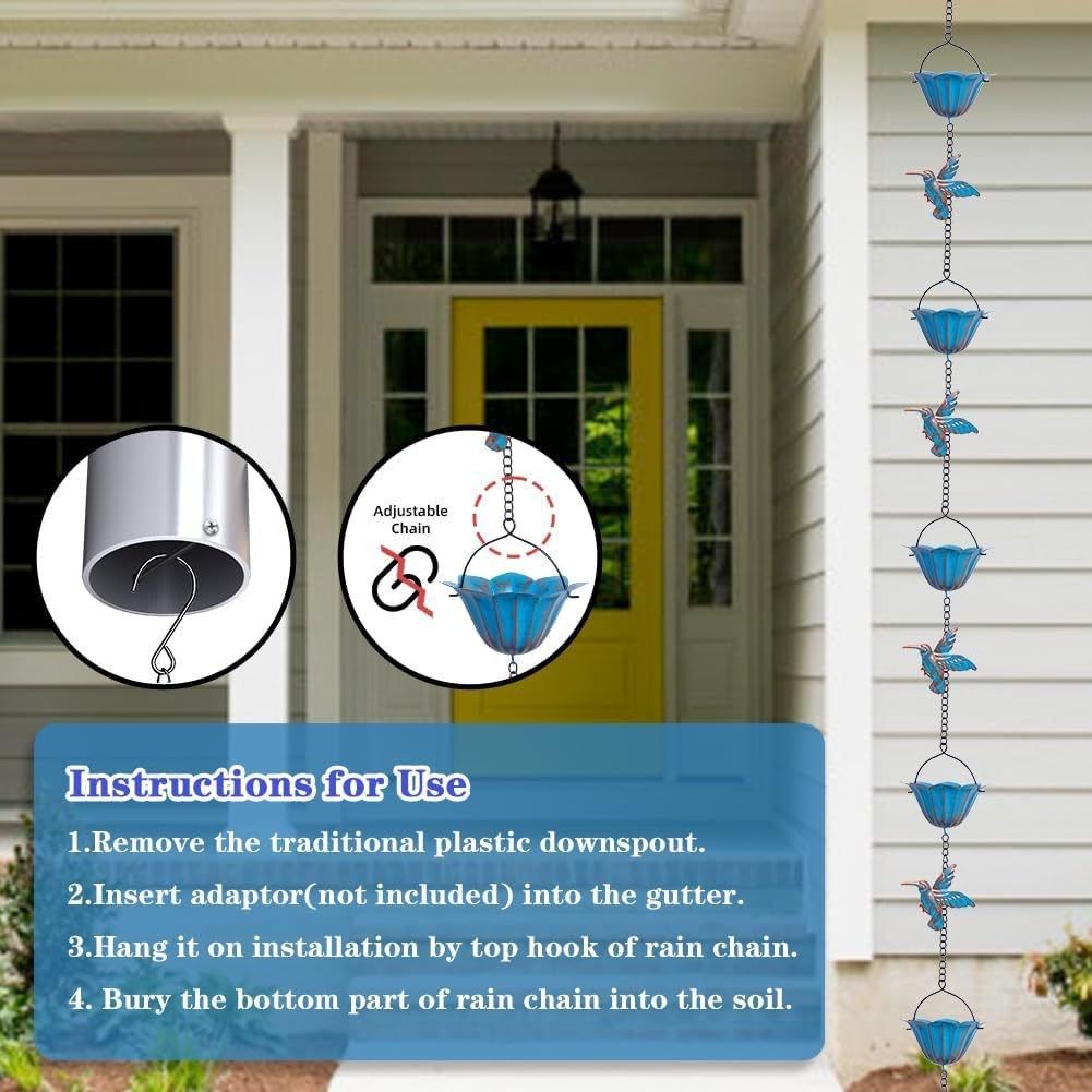 7.87FT Rain Chain, Hummingbird Rain Chains for Outside, Copper Rain Chain Bell with 7 Cups, Decorative Rain V1192-AZ-W-3610