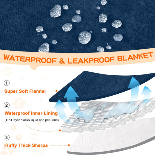 Dog Blankets for Small Dogs - Waterproof Cat Blanket Washable - Fleece Puppy Blanket, Soft Plush Reversible V1192-AZ-W-3614