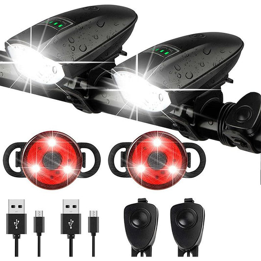 Bike Lights Set with Horn 1400LM USB Rechargeable Bicycle Headlight & Tail Light & Horn Waterproof 3 Lighting V1192-AZ-W-3626