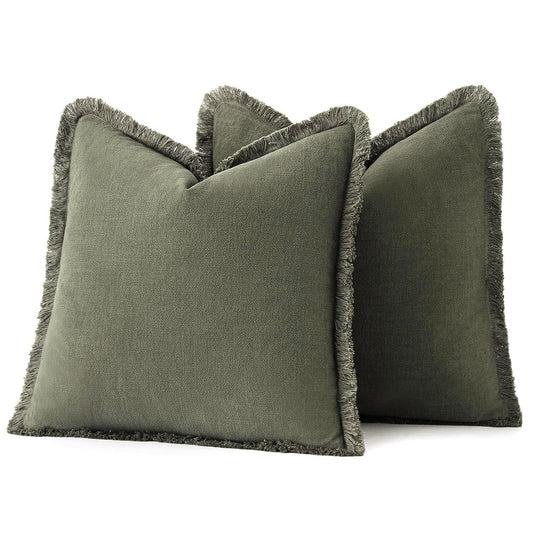 Set of 2 Decorative Linen Fringe Throw Pillow Covers Cozy Boho Farmhouse Cushion Cover with Tassels Soft V1192-AZ-W-3679