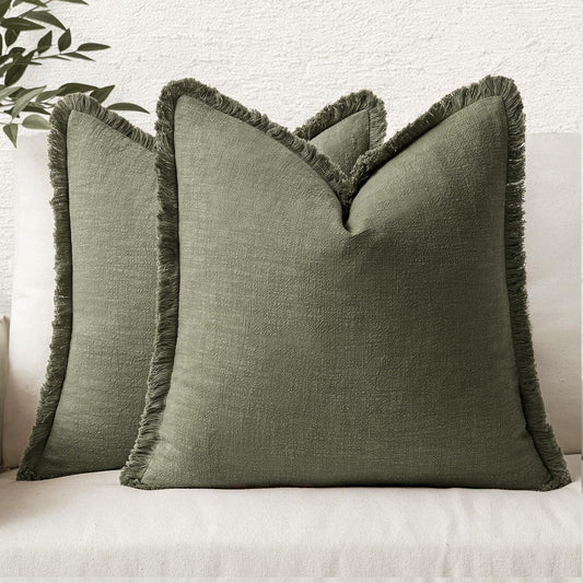 Set of 2 Decorative Linen Fringe Throw Pillow Covers Cozy Boho Farmhouse Cushion Cover with Tassels Soft V1192-AZ-W-3679