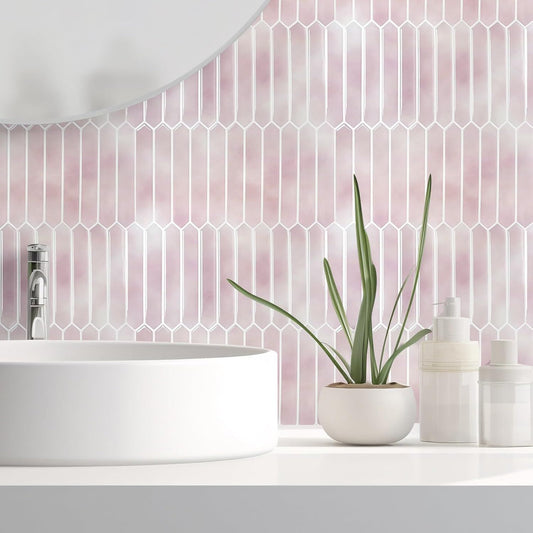 Pink Long Hexagon Tile Peel and Stick Backsplash, 10 Sheets Self-Adhesive Wall Tiles Stick on Back Splash for V1192-AZ-W-3713