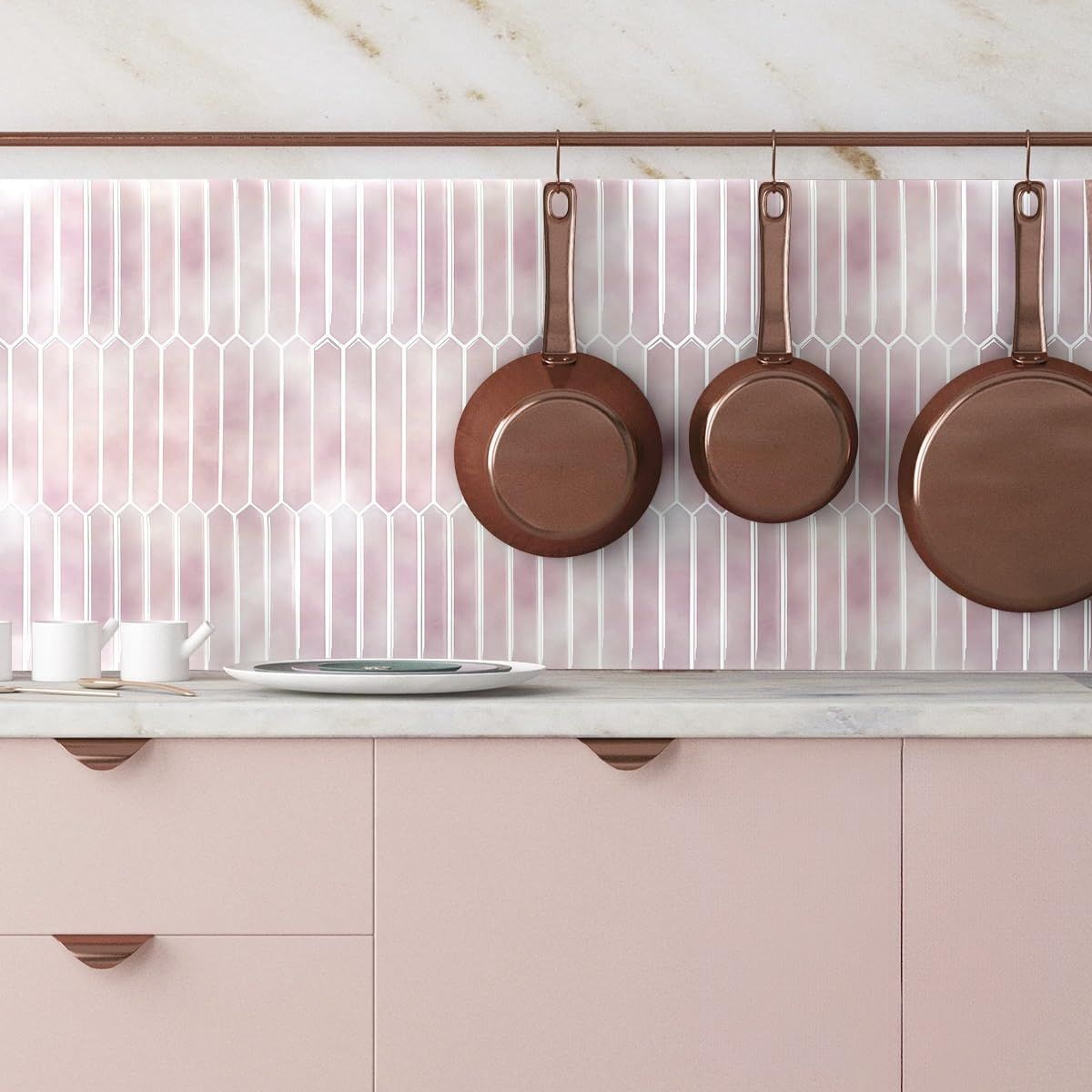 Pink Long Hexagon Tile Peel and Stick Backsplash, 10 Sheets Self-Adhesive Wall Tiles Stick on Back Splash for V1192-AZ-W-3713