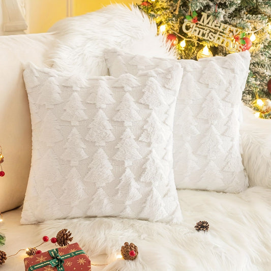 Christmas Tree Pillow Covers 18x18 inch Set of 2pcs Christmas Decoration Beige Soft Plush Faux Fur Jacquard V1192-AZ-W-3716