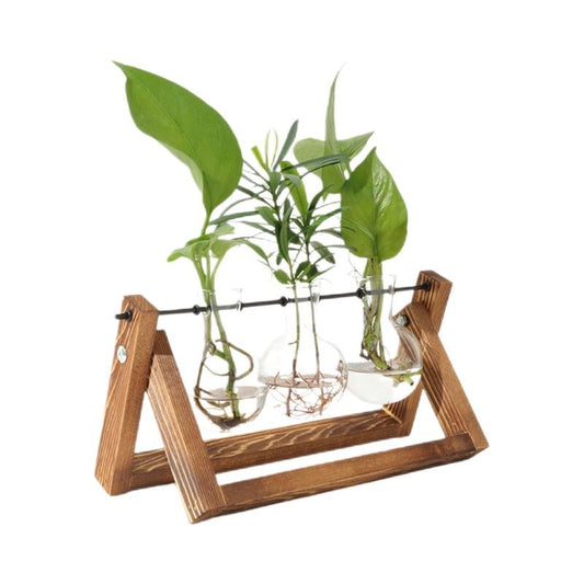 Plant Terrarium with Wooden Stand, Air Planter Bulb Glass Vase Metal Swivel Holder Retro Tabletop for V1192-AZ-W-3737