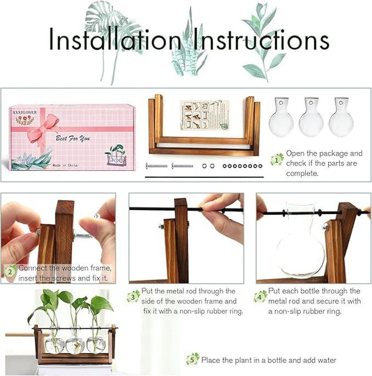 Plant Terrarium with Wooden Stand, Air Planter Bulb Glass Vase Metal Swivel Holder Retro Tabletop for V1192-AZ-W-3737