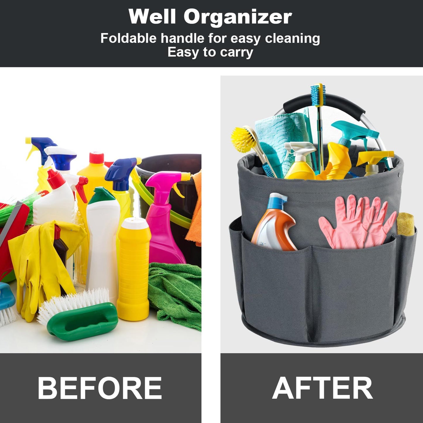 28cm Foldable Storage Basket, Cleaning Caddy Organiser, Portable Multi Cleaning Bucket Bag for Home, Garden V1192-AZ-W-3744