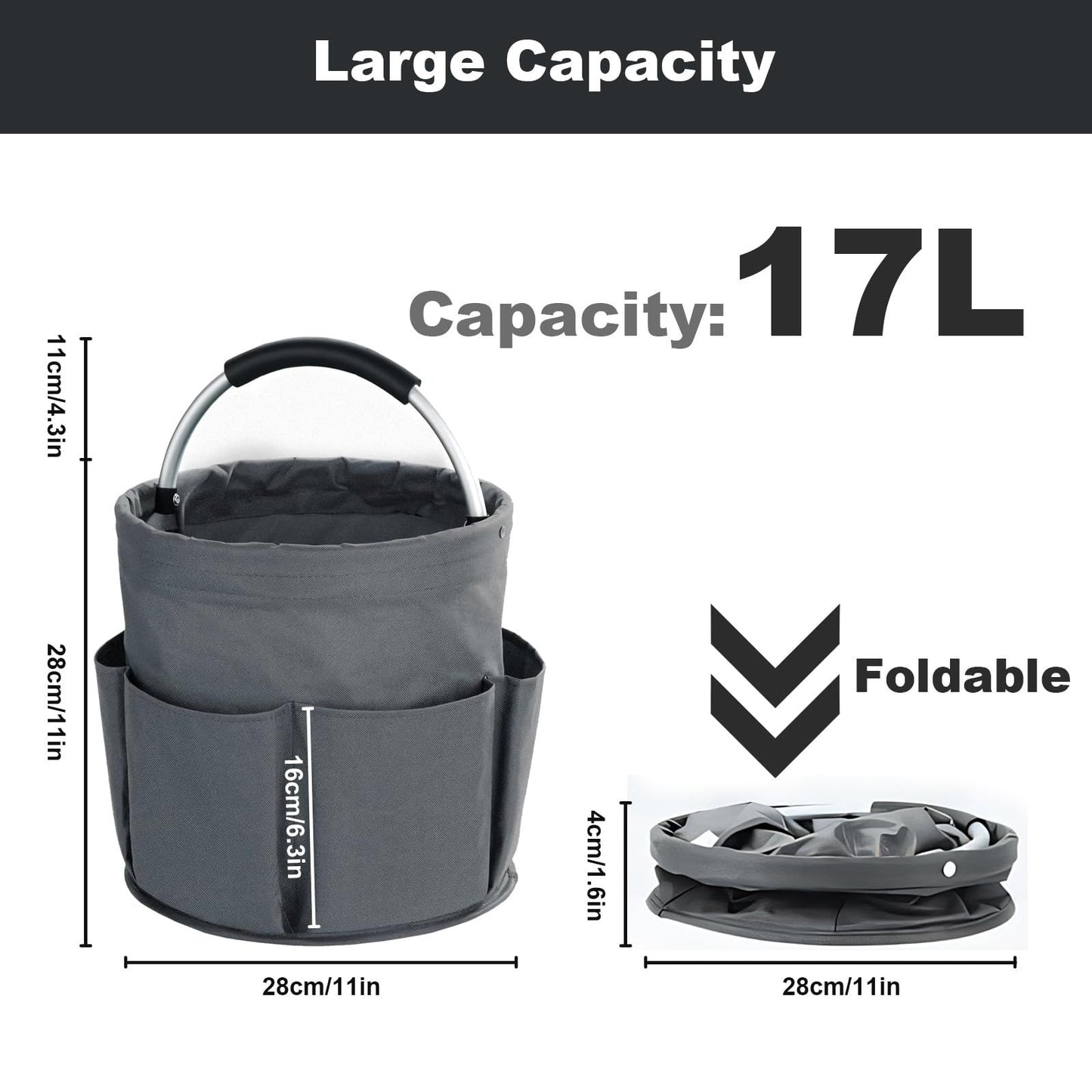 28cm Foldable Storage Basket, Cleaning Caddy Organiser, Portable Multi Cleaning Bucket Bag for Home, Garden V1192-AZ-W-3744