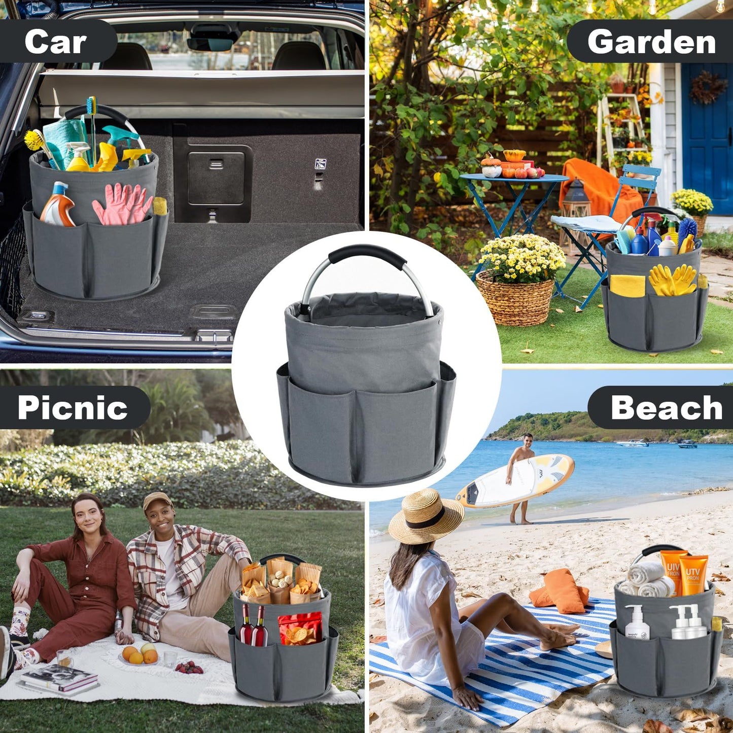 28cm Foldable Storage Basket, Cleaning Caddy Organiser, Portable Multi Cleaning Bucket Bag for Home, Garden V1192-AZ-W-3744
