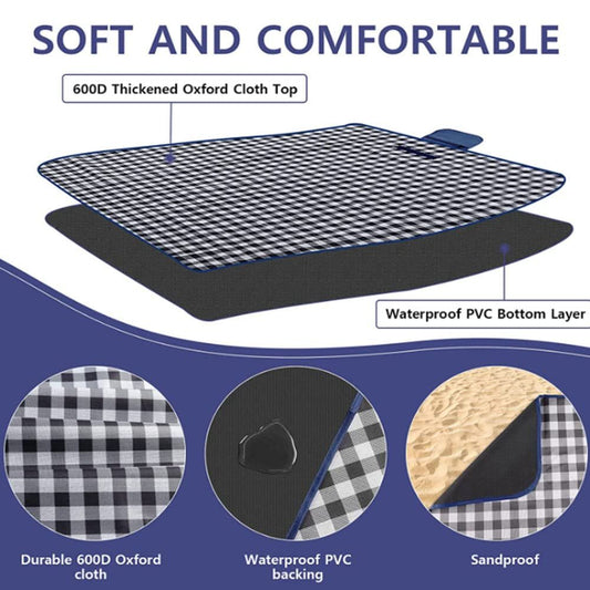 Picnic Blanket Waterproof Beach Rug 150*100cm Picnic Mat Washable Lightweight with Handle Navy Blue Checkered V1192-AZ-W-3755