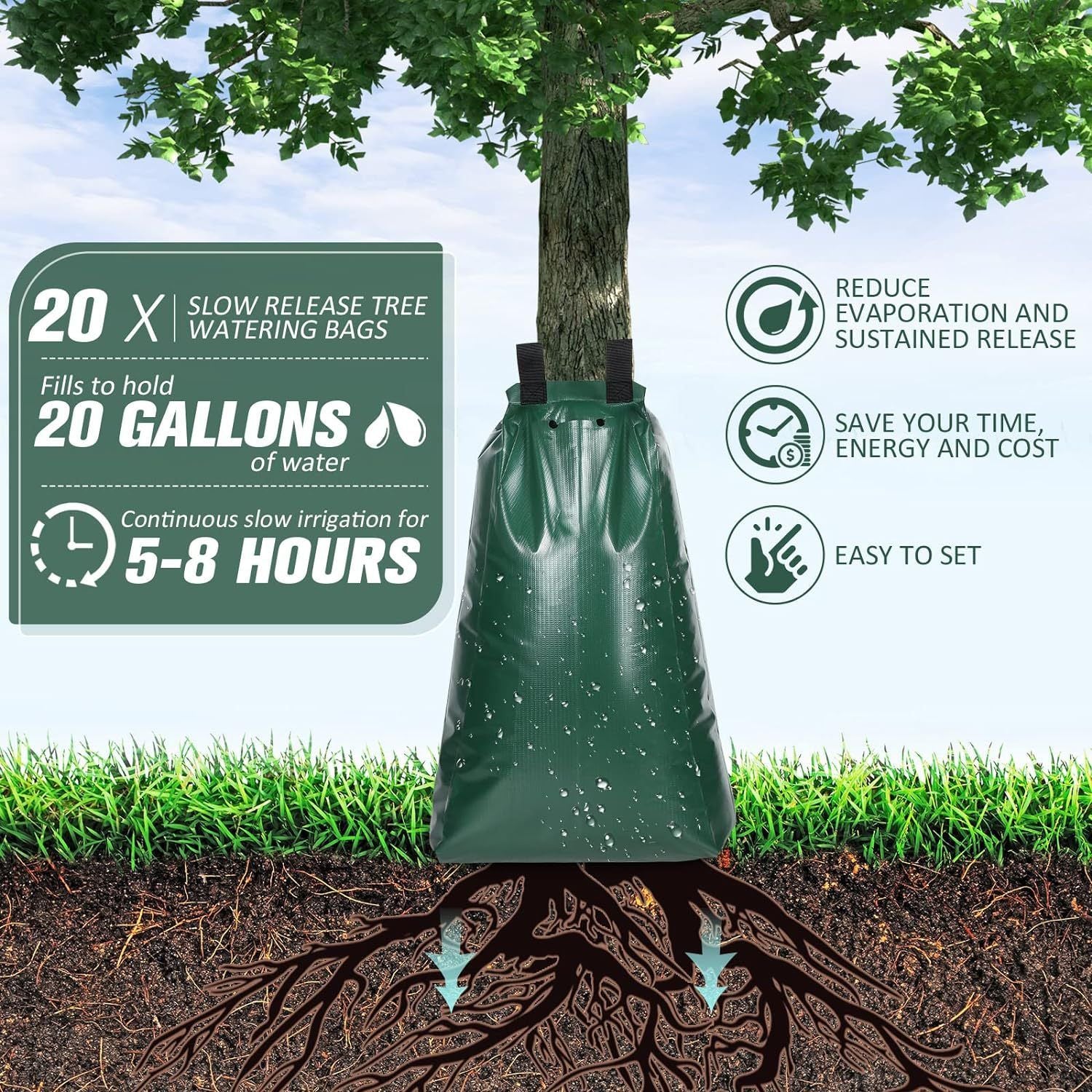 Tree Watering Bags Slow Release, 20 Gallon Drip Irrigation Bag Waterer Globe Soaker for New Plant Trees Trunk V1192-AZ-W-3763