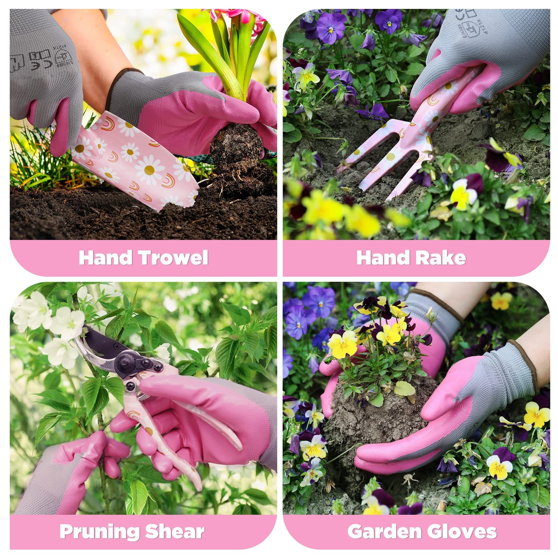 Garden Tool Set, 3PCS Gardening Tools with Box Include Trowel, Rake, Pruner, Gloves, Pink, Gifts-Pink V1192-AZ-W-3767