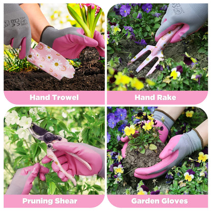 Garden Tool Set, 3PCS Gardening Tools with Box Include Trowel, Rake, Pruner, Gloves, Pink, Gifts-Pink V1192-AZ-W-3767