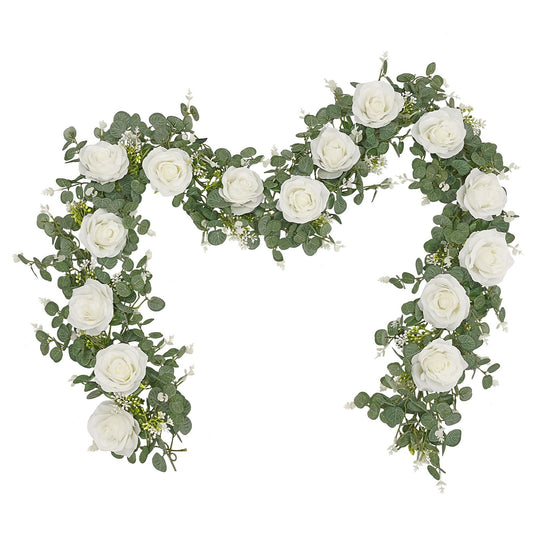 2 Packs 175cn Eucalyptus Garland with Flowers - 6White Roses, Artificial Flower Fake Rose Vine Faux Greenery V1192-AZ-W-3785