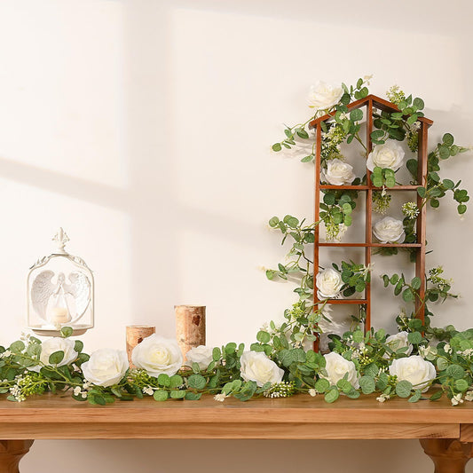 2 Packs 175cn Eucalyptus Garland with Flowers - 6White Roses, Artificial Flower Fake Rose Vine Faux Greenery V1192-AZ-W-3785