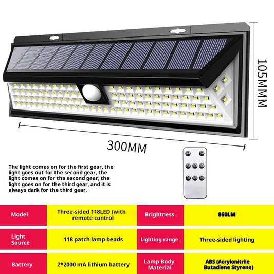 Solar RV Porch Light, 118 LED Motorhome Motion Sensor RV Exterior Lights with Remote Control, Waterproof V1192-AZ-W-3800