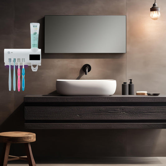 Toothbrush Holder for Bathroom 5 Toothbrush Slots Toothbrush Holder Wall Mounted with Toothpaste Dispenser V1192-AZ-W-3821
