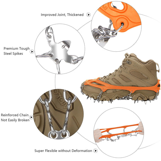 19 Spikes with Stainless Steel Chain Ice Snow Grips Traction Cleats System Safe Protect for Walking, Jogging, V1192-AZ-W-3833
