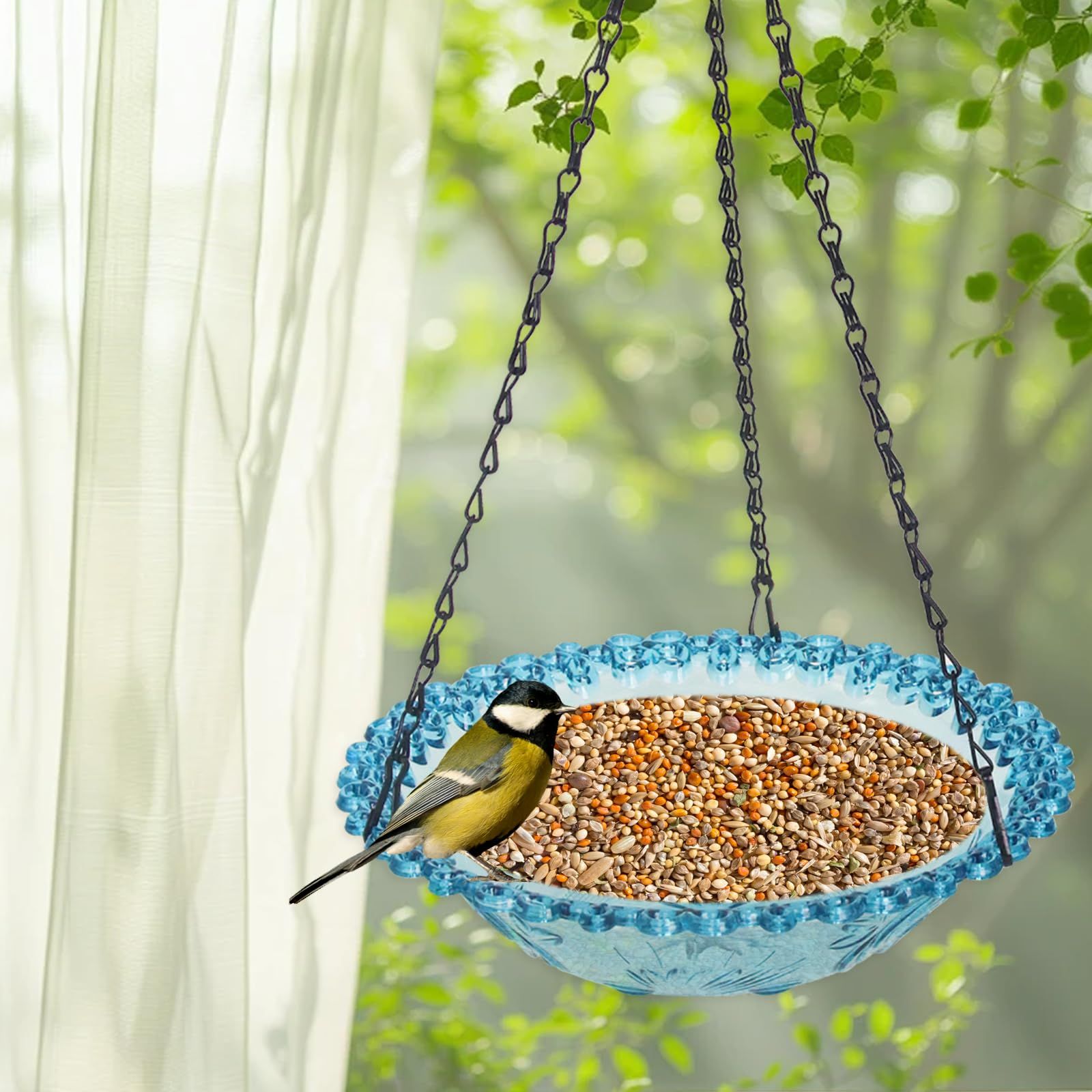 Bird Bath Hanging Seed Feeder Garden Plate Hanging Tray for Wild Backyard Attracting Birds (Blue- single V1192-AZ-W-3852