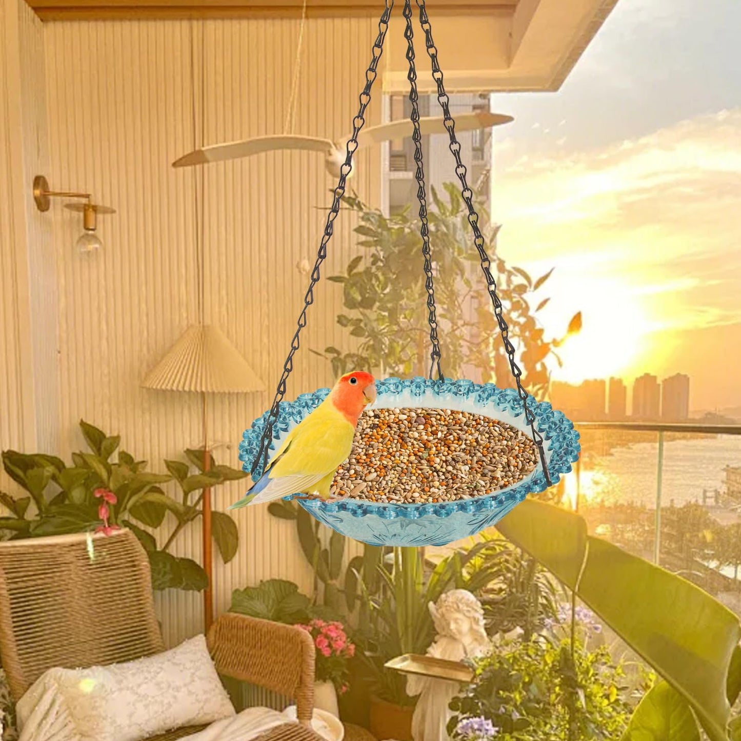 Bird Bath Hanging Seed Feeder Garden Plate Hanging Tray for Wild Backyard Attracting Birds (Blue- single V1192-AZ-W-3852