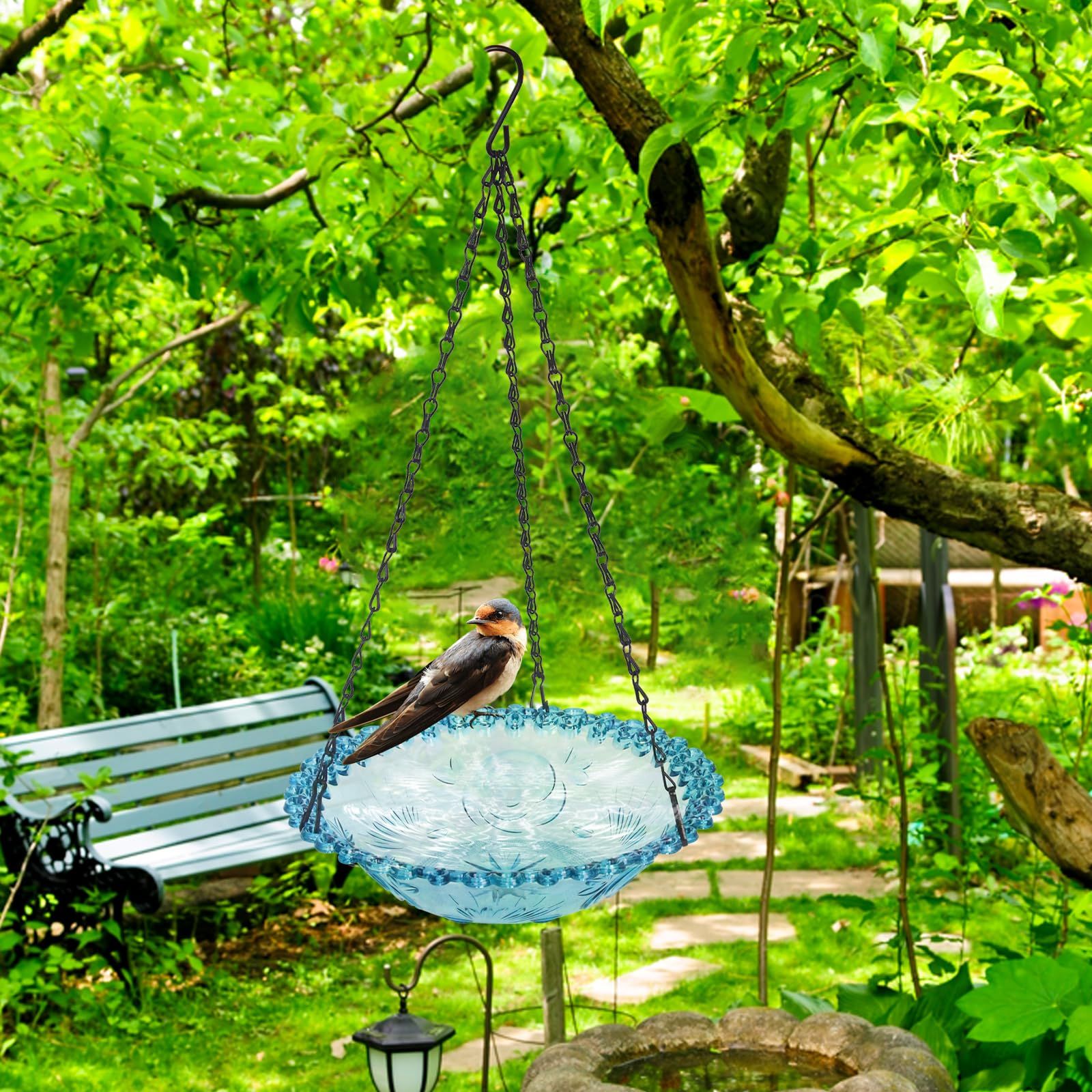 Bird Bath Hanging Seed Feeder Garden Plate Hanging Tray for Wild Backyard Attracting Birds (Blue- single V1192-AZ-W-3852