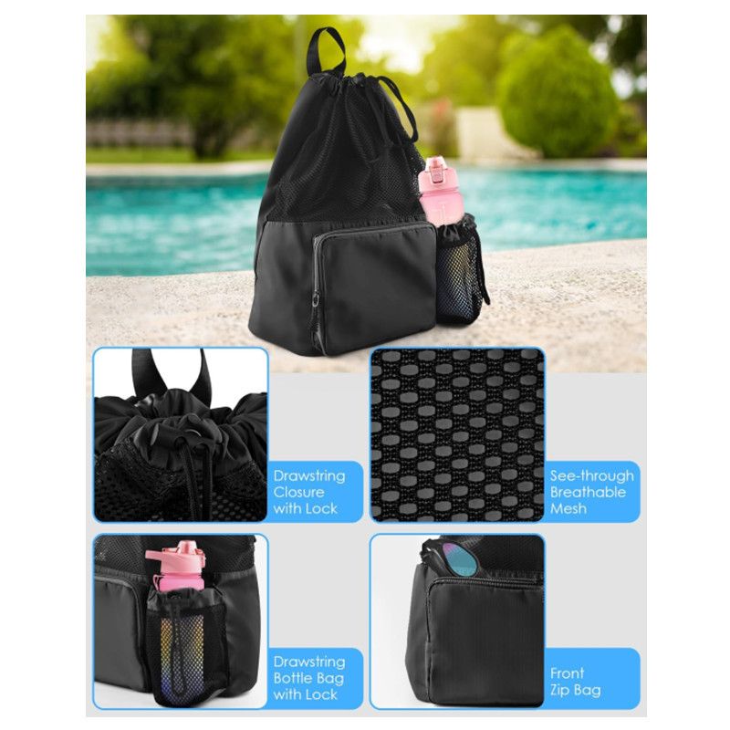 Swim Bag Beach Backpack with Wet Pocket Mesh Drawstring Bags for Swimming, Gym(Expand size 40 * 47cm,black) V1192-AZ-W-3864