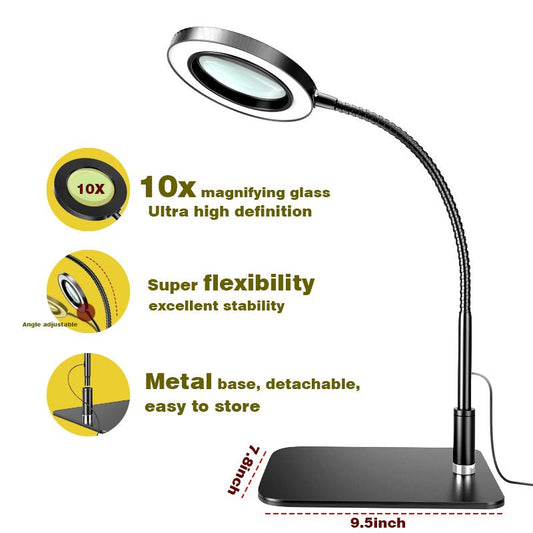 10X Desk Magnifying Glass with Light and Stand, Large Magnifying Lamp Magnifying Light for Crafts Hands Free, V1192-AZ-W-3885