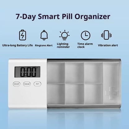 Portable Pill Organizer with Sound Flashing Light and Vibration Alarm, Weekly Pill Dispenser, Countdown V1192-AZ-W-3889