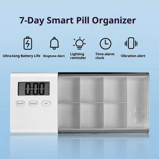 Portable Pill Organizer with Sound Flashing Light and Vibration Alarm, Weekly Pill Dispenser, Countdown V1192-AZ-W-3889