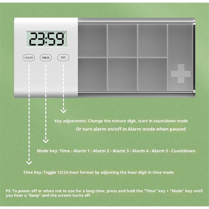 Portable Pill Organizer with Sound Flashing Light and Vibration Alarm, Weekly Pill Dispenser, Countdown V1192-AZ-W-3889