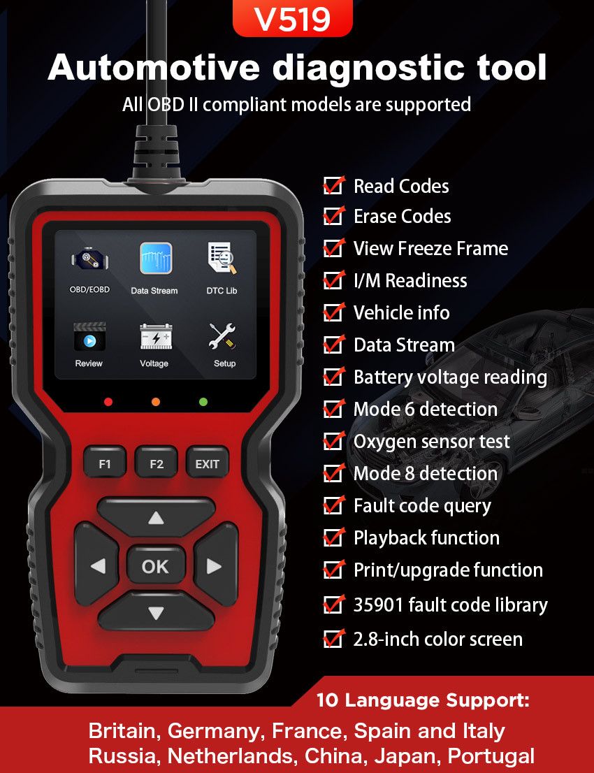 OBD2 Scanner Diagnostic Tool, Check Engine Code Reader OBD2 Scanner with Reset, Mode 6, Mode 8 & I/M V1192-AZ-W-3890