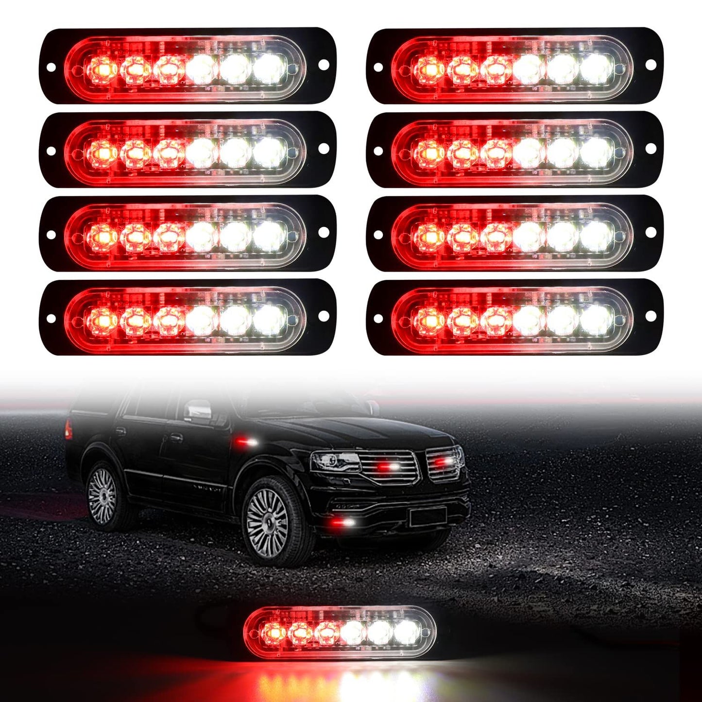 LED Emergency Strobe Lights, 8x Red White 6 LED Strobe Warning Emergency Flashing Light Caution Construction V1192-AZ-W-3895