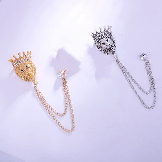 2 pack Vintage Men Crowned Lion King With Stone Hanging Chain Brooch Pins Lapel Pin, Suit Coat for Women V1192-AZ-W-3916