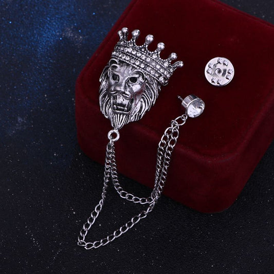 2 pack Vintage Men Crowned Lion King With Stone Hanging Chain Brooch Pins Lapel Pin, Suit Coat for Women V1192-AZ-W-3916