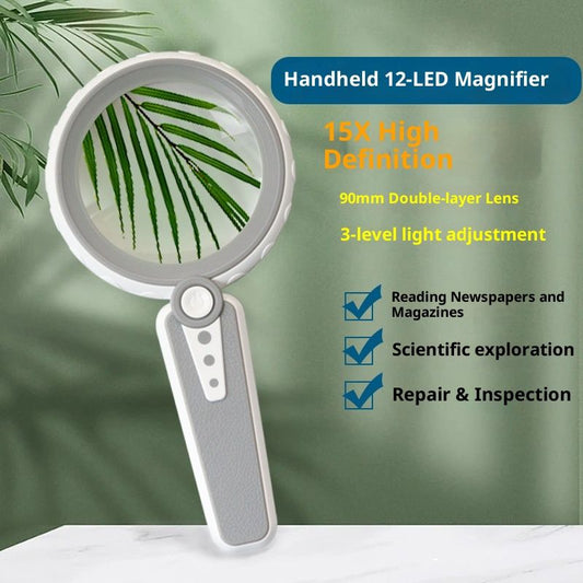 15X Magnifying Glass with Light, Large Handheld Magnifier, USB Rechargeable for Low Vision Seniors with V1192-AZ-W-3963